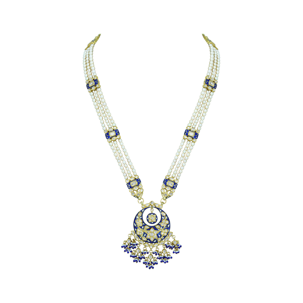 Three-Strand Pearl Necklace with Blue Enamel and Sapphire Accents